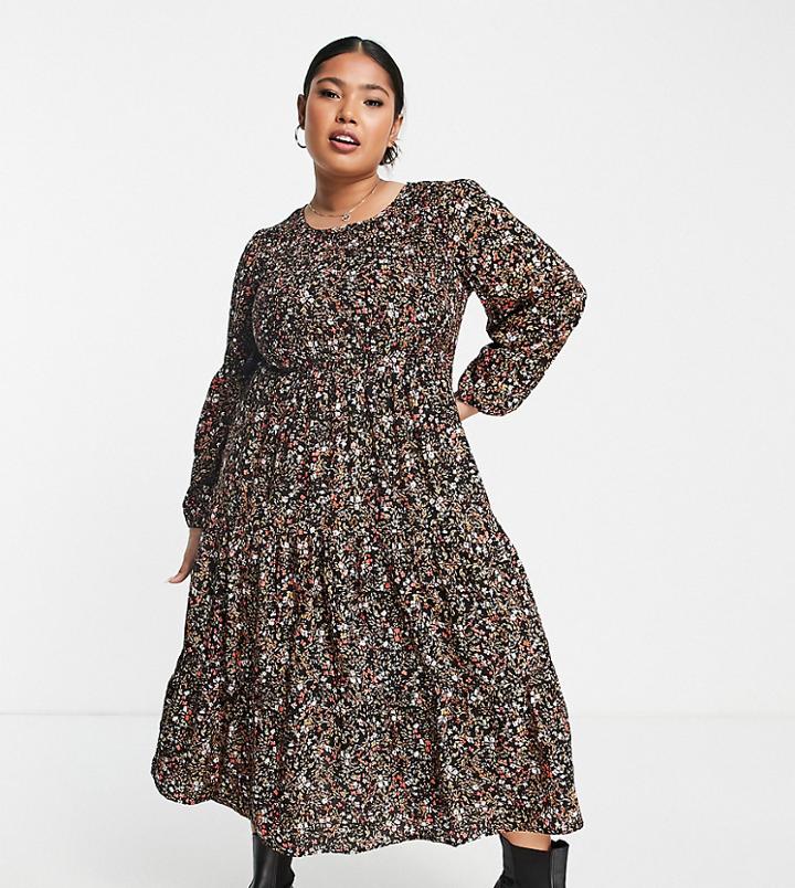 Yours Balloon Sleeve Shirred Midi Dress In Black