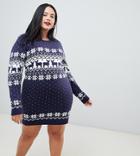 Brave Soul Plus Sweater Dress In Reindeer Fair Isle - Navy