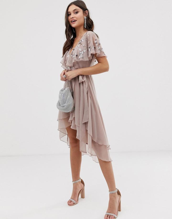 Asos Design Midi Dress With Cape Back And Dipped Hem In Embellishment-multi