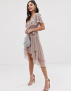 Asos Design Midi Dress With Cape Back And Dipped Hem In Embellishment-multi