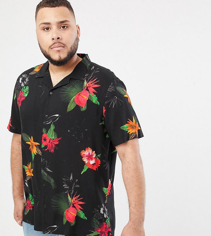 Asos Design Plus Regular Fit Floral Shirt In Black - Black