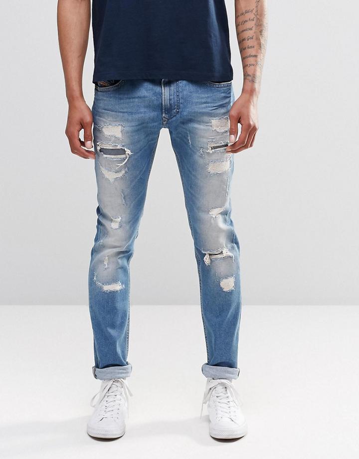 Diesel Thavar Slim Jeans 674q Heavy Distress Repair - Light Wash