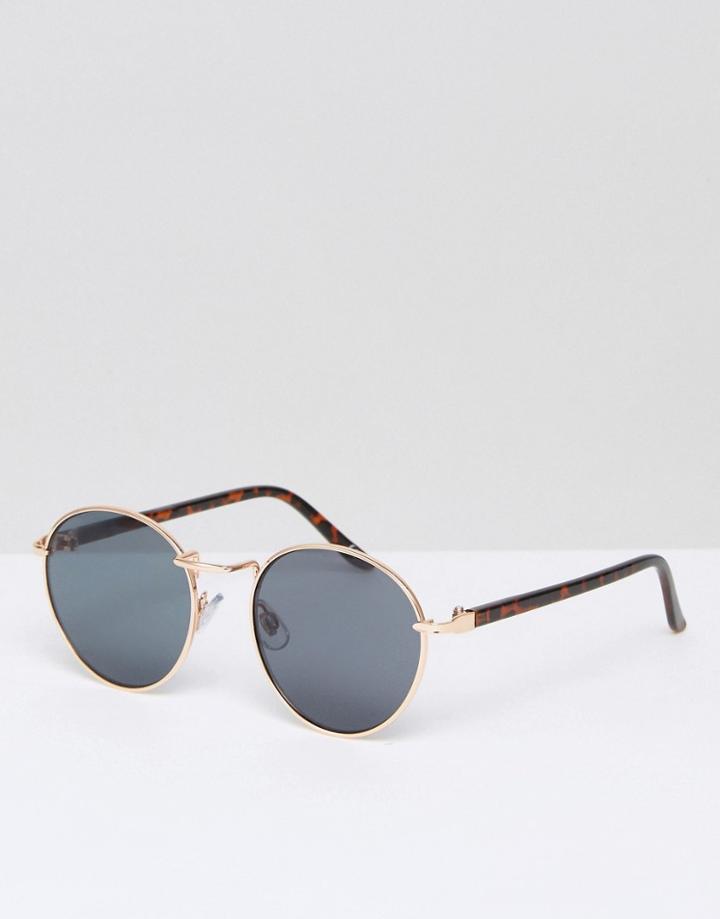 Asos Round Sunglasses In Gold With Tort Arms - Gold