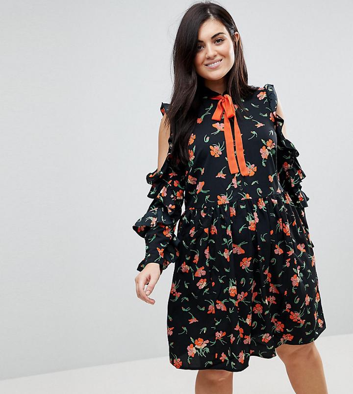 Asos Curve Floral Skater Mini Dress With Frill Cold Shoulder - Multi