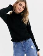 New Look Ruffle Edge High Neck Sweater In Black