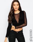 Asos Tall Plunge Neck Top In Mesh With Long Sleeves - Black