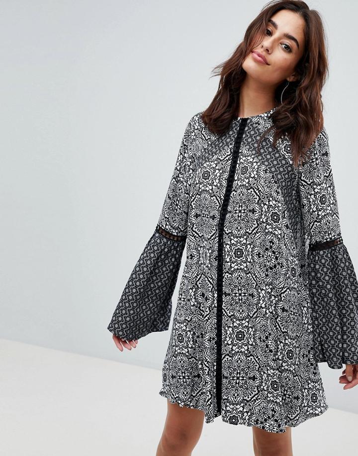 The Jetset Diaries Lilith Tile Print Mini Dress With Trumpet Sleeves-navy