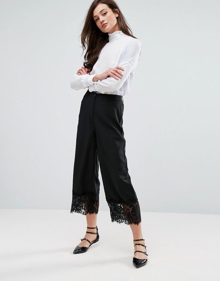 Fashion Union Wide Leg Pants With Lace Hem - Black