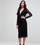 Asos Tall Long Sleeve Lace Midi Pencil Dress-black
