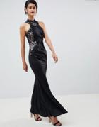 Little Mistress Grid Mesh Maxi Dress-black