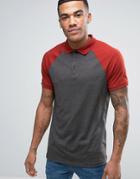 Asos Polo In With Contrast Raglan Sleeves In Charcoal Marl/red - Gray