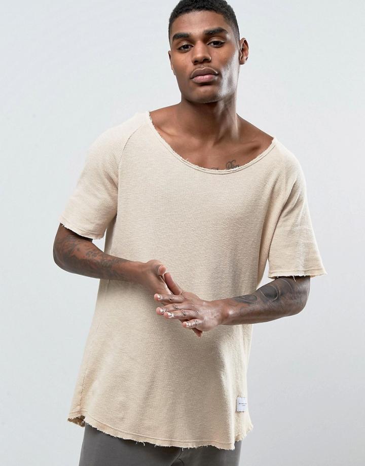 Criminal Damage Waffle Knitted Relaxed Fit T-shirt In Nude - Beige