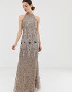 Angel Eye Racerneck All Over Embellished Maxi Dress - Brown