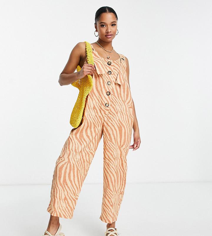 Asos Design Petite Linen Button Strap Jumpsuit In Animal Print-multi