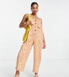 Asos Design Petite Linen Button Strap Jumpsuit In Animal Print-multi