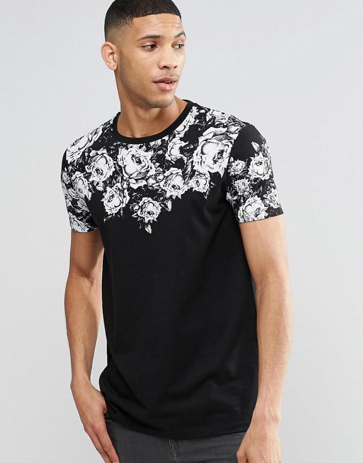 Asos Super Longline T-shirt With Rose Print And Curved Hem - Black