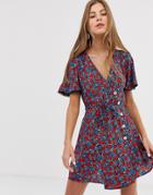 Miss Selfridge Mini Tea Dress With Button Detail In Multi - Blue