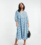 Asos Design Petite Midi Smock Dress With Wrap Top In Blue And Black Spot-blues