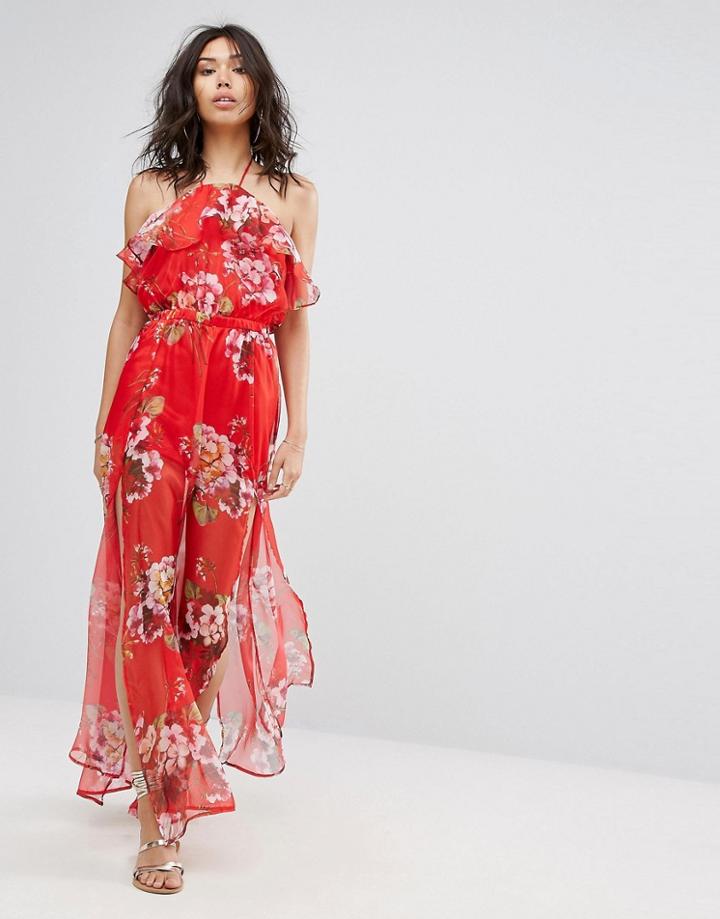 Prettylittlething Floral Printed Maxi Dress - Red