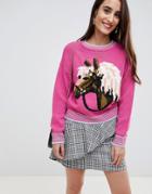 Asos Design Chunky Sweater With Horse Pattern - Pink