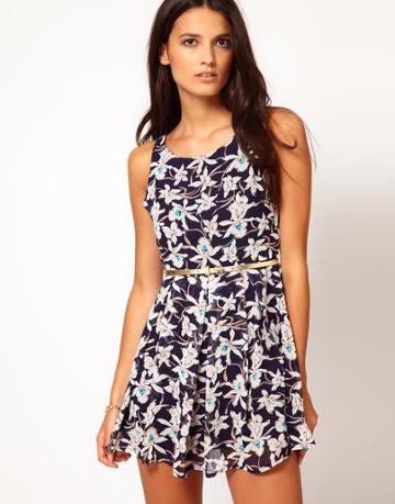 Glamorous Belted Skater Dress In Floral Print