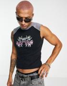 Asos Design Skinny Tank Top In Black And Gray Color Block With Graffiti Print