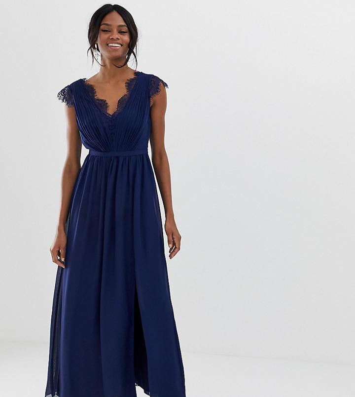 Little Mistress Tall Maxi Dress With Lace Detail And Side Split - Navy