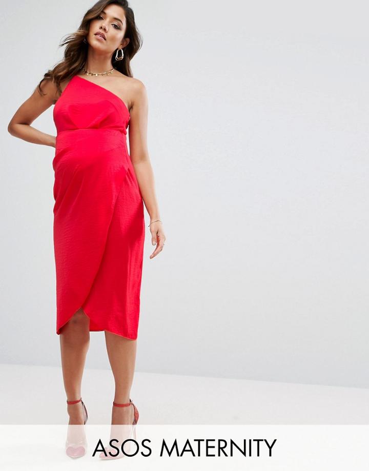 Asos Maternity One Shoulder Drape Midi Dress - Red