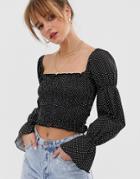 Glamorous Ruched Crop Top With Long Sleeves In Mini Spot-black