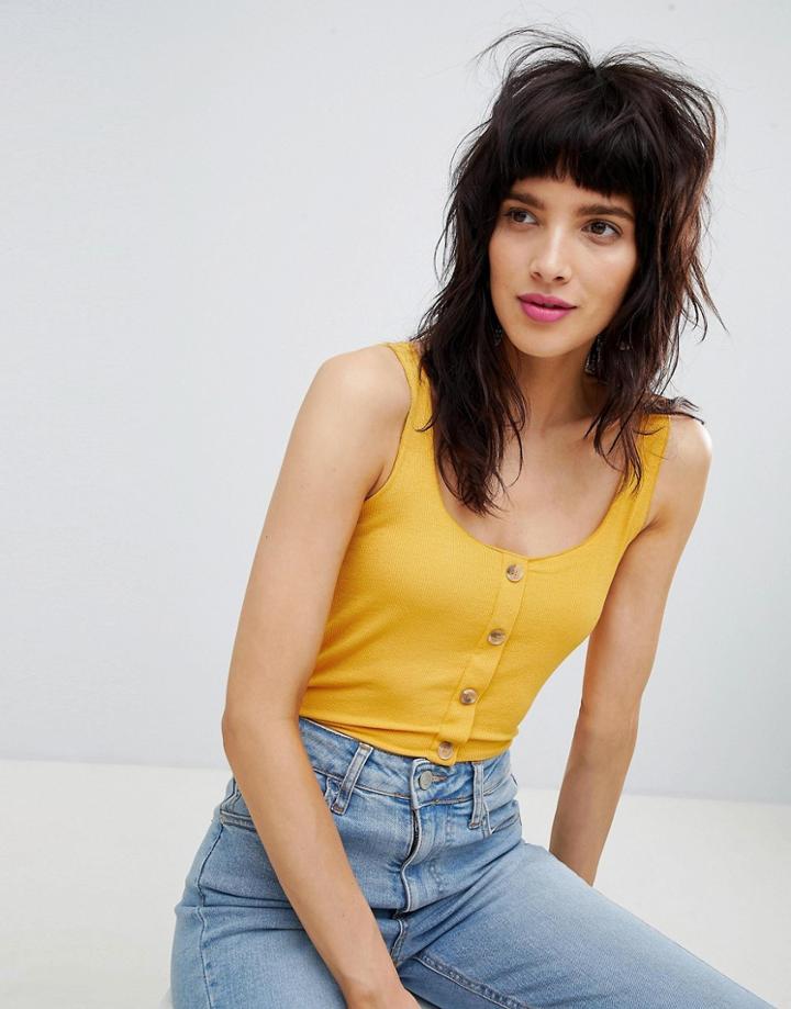 Stradivarius Button Front Jersey Top Plain - Yellow