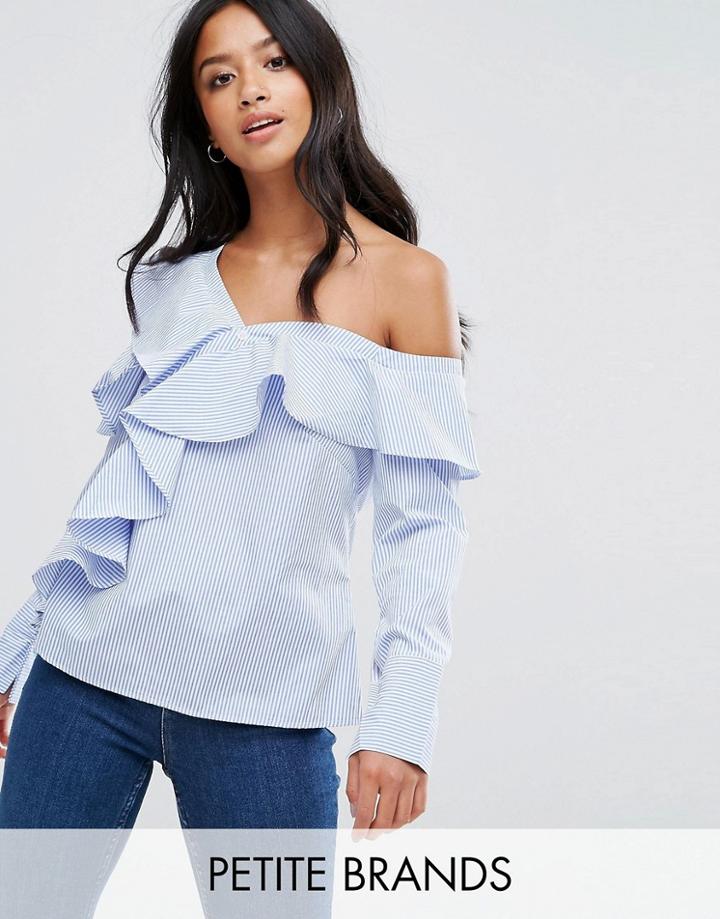 New Look Petite Striped Asymetric Frill Top - Blue