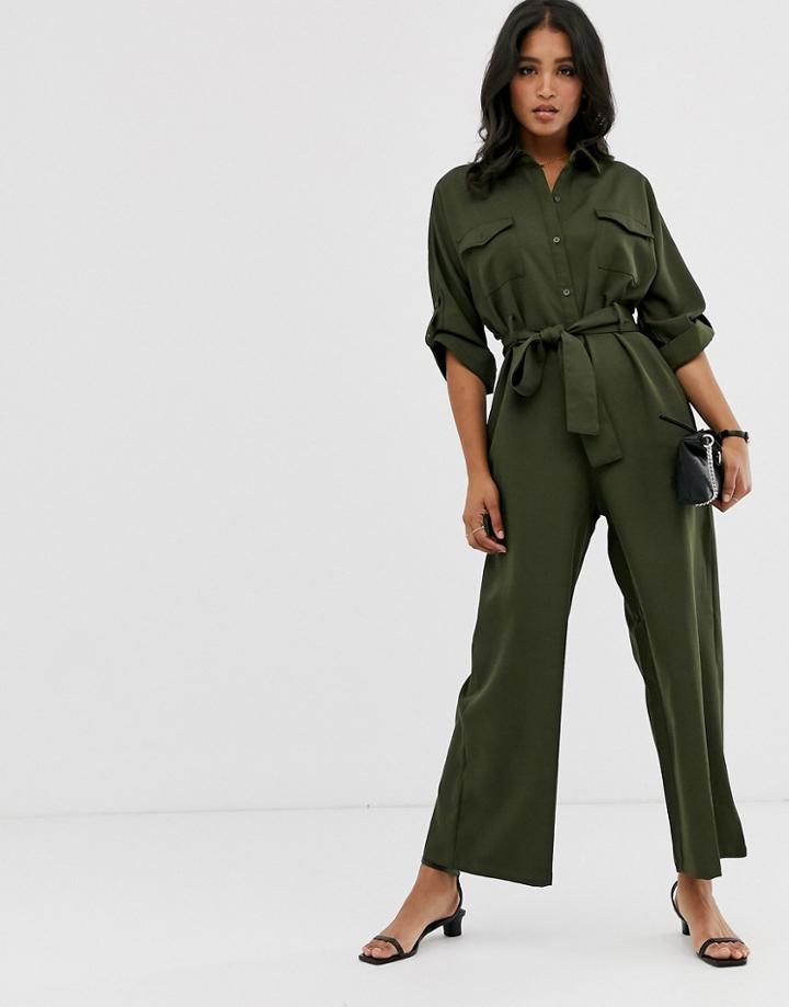 Liquorish Wide Leg Utility Jumpsuit In Khaki-green