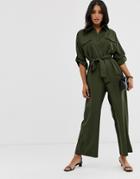 Liquorish Wide Leg Utility Jumpsuit In Khaki-green