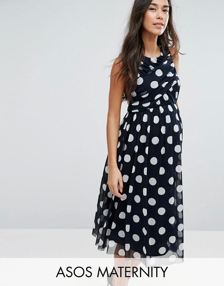 Asos Maternity Spot Mesh Midi Dress - Navy