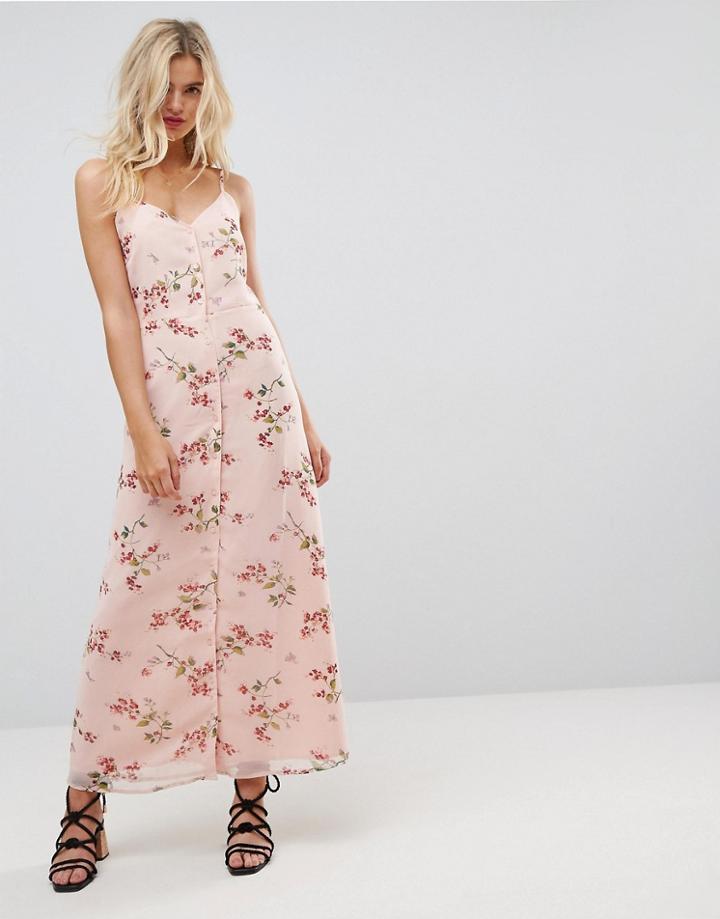 Asos Button Through Maxi Dress In Floral Print - Multi