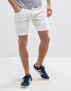 Solid Slim Fit Denim Shorts With Distressing - White