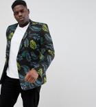 Asos Design Plus Skinny Blazer In Cotton With Palm Print - Black