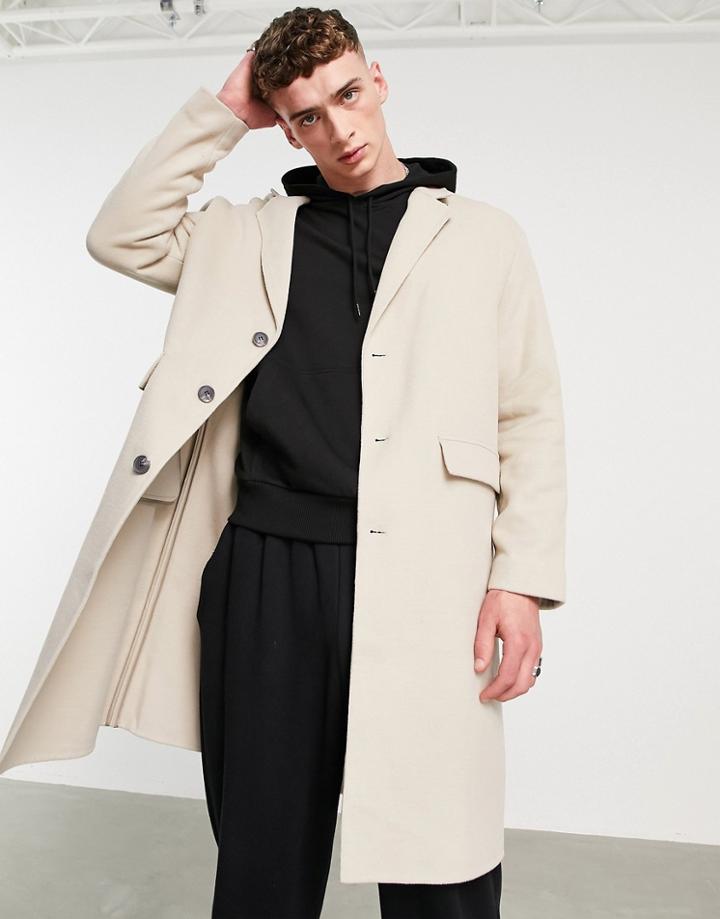 Topman Relaxed Faux Wool Overcoat In Stone-neutral