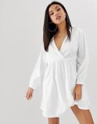 Asos Design Long Sleeve Wrap Front Mini Smock Dress-white