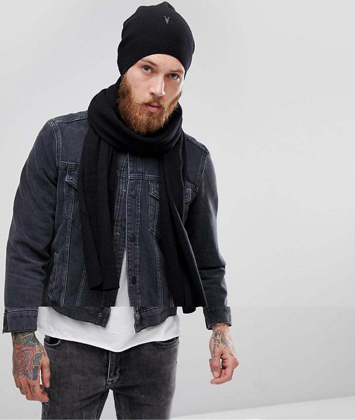 Allsaints Fen Beanie And Scarf Giftset In Lambswool Blend - Black