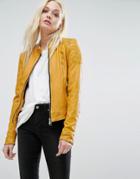 Goosecraft Collarless Leather Biker Jacket With Ribbed Arm - Yellow
