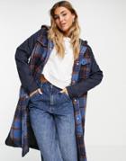 Noisy May Contrast Quilting Longline Coat In Blue Check-multi