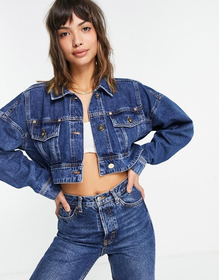 River Island Cropped Denim Jacket In Mid Blue-blues