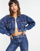 River Island Cropped Denim Jacket In Mid Blue-blues