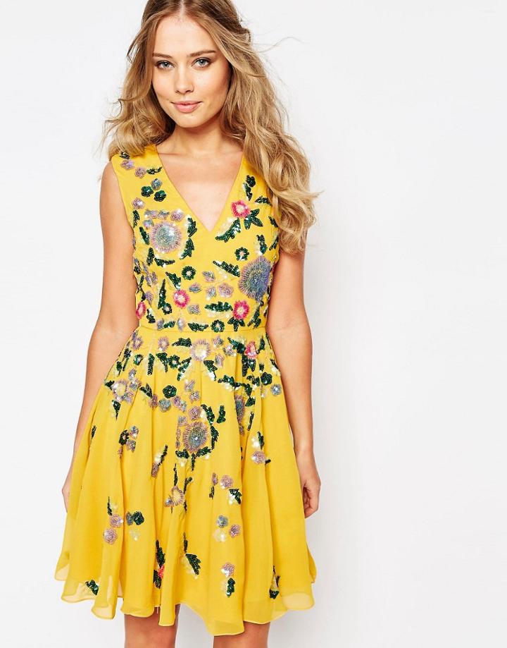 Virgos Lounge Dora Embellished Midi Skater Dress - Yellow