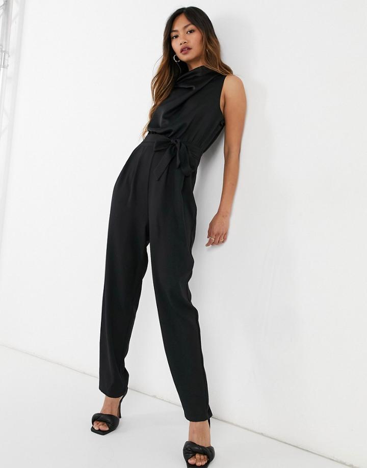 Asos Design Cowl Neck Chiffon Top Jumpsuit In Black-multi
