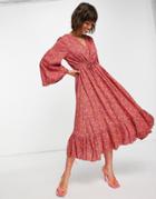 Y.a.s. Rislo Fluted Sleeve Floral Dress In Red