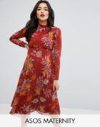 Asos Maternity Midi Dress In Botanical Floral With Open Back - Red