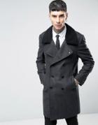 Noose & Monkey Herringbone Double Breasted Overcoat With Fleece Collar