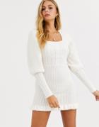 Asos Design Cable Knit Mini Dress With Volume Sleeve-cream